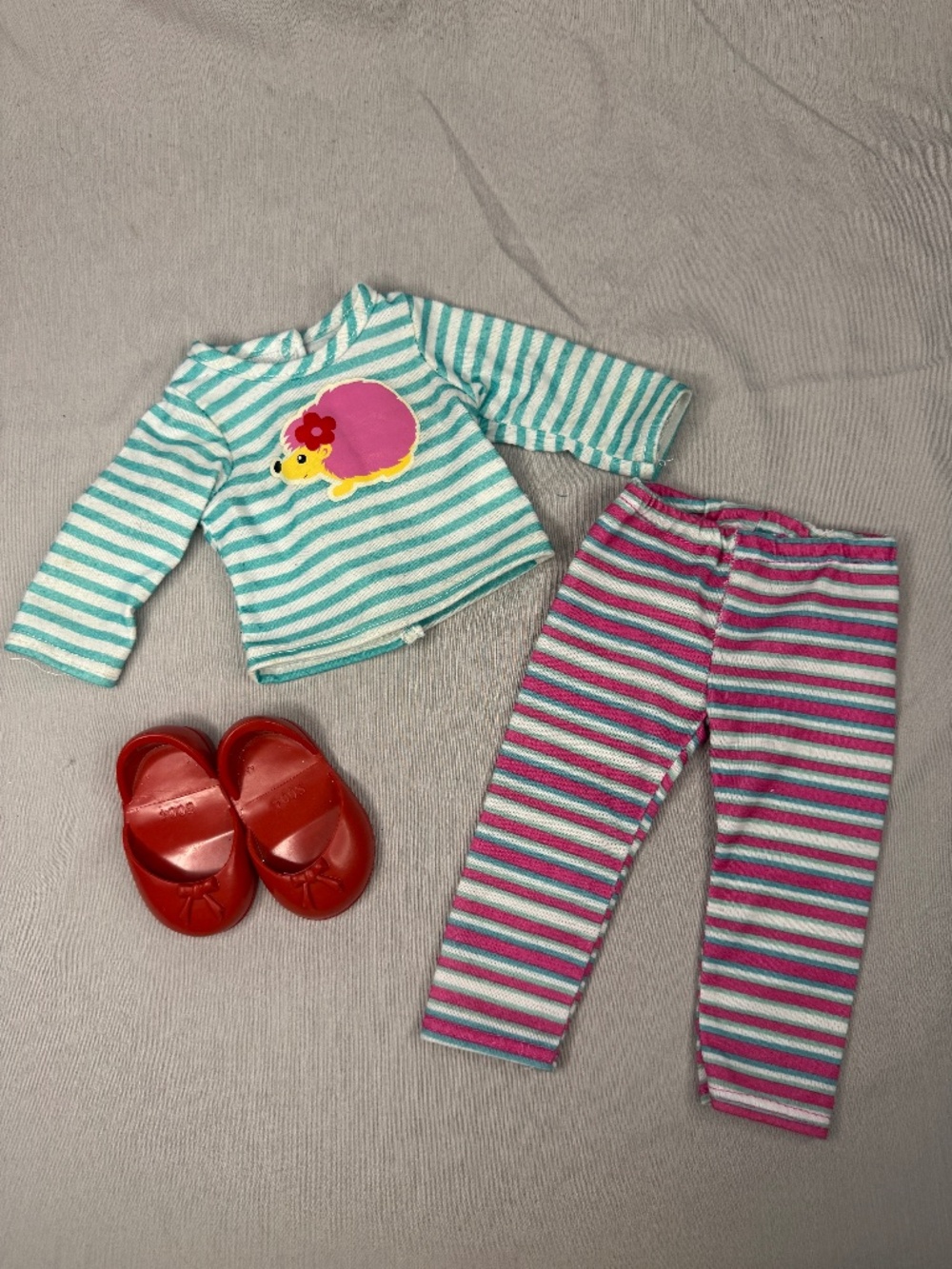 Outfit for 18” Doll – Hedgehog Stripe Outfit w/ Red Shoes